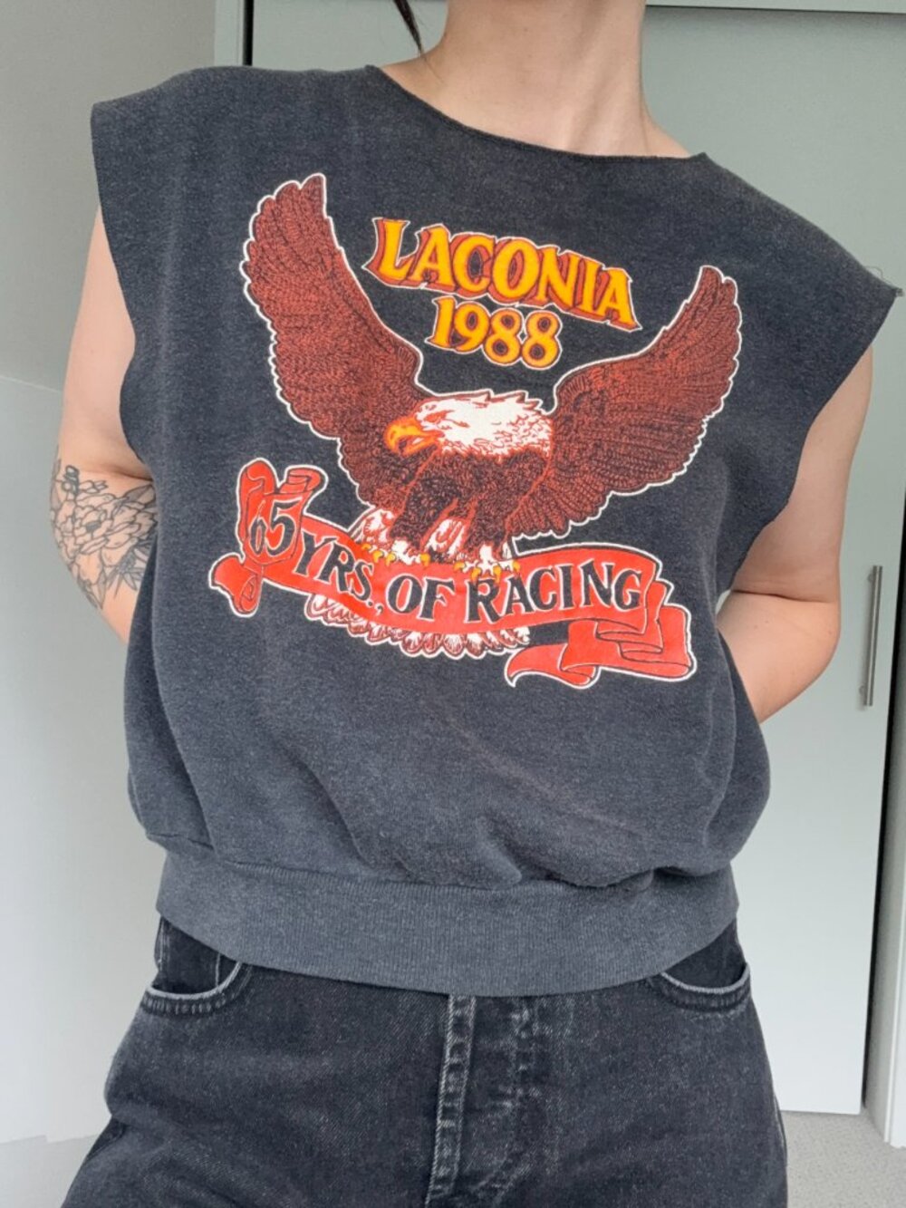 Vintage 1988 Laconia Motorcycle Rally Racing Cutoff Sweatshirt Tank